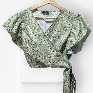 SHEIN Ditsy Floral Wrap Top Green Cropped Short Flutter Sleeve Large